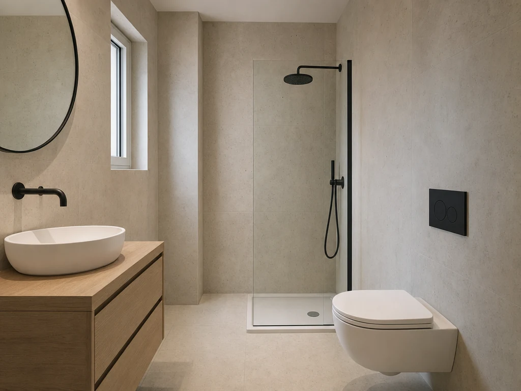 Wizualizacja koncepcyjna małej łazienki 3 m² z prysznicem 90×90 cm, białą umywalką i podwieszanym WC – przykładowy układ, nie gotowy projekt