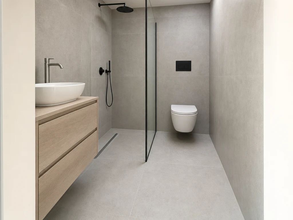 Wizualizacja koncepcyjna łazienki 4 m² z prysznicem walk-in bez brodzika i odpływem liniowym w podłodze, WC i umywalką – przykładowy układ